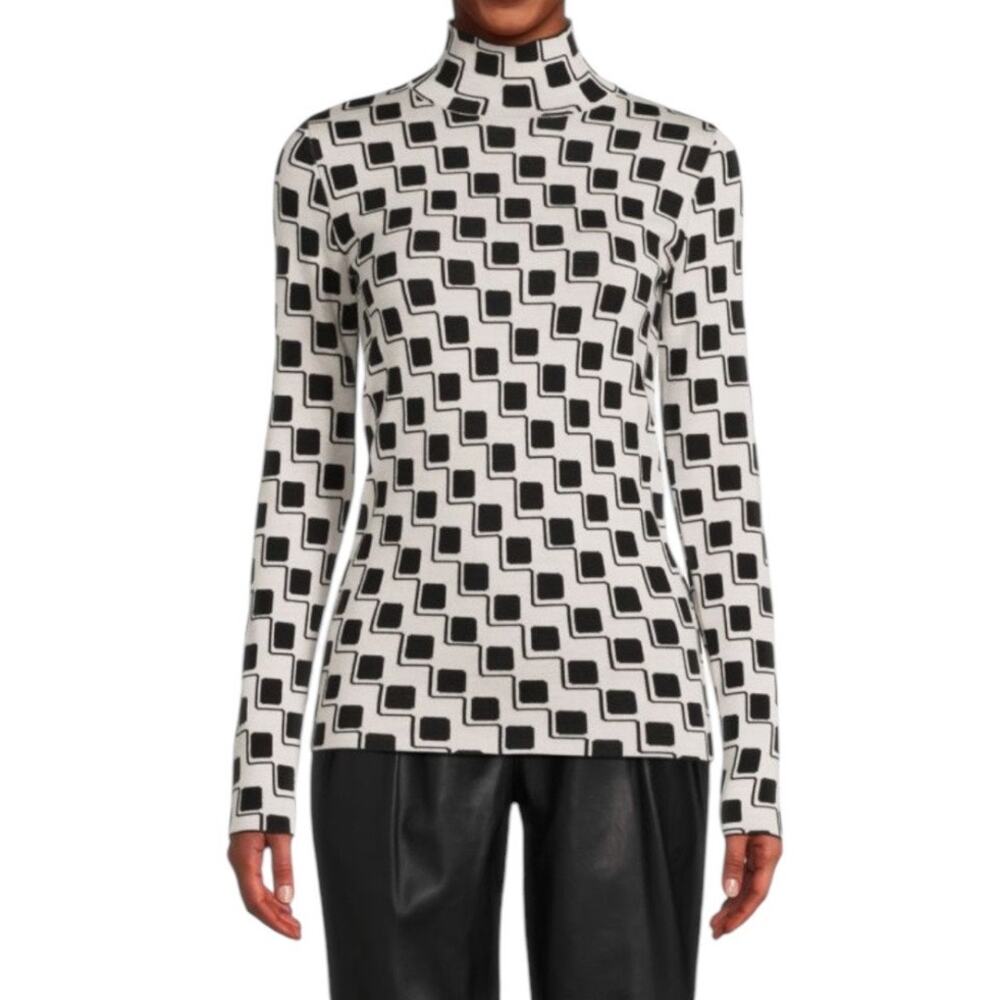 Quiet Luxury St. John Wool Stretch Maximalist Black White Mock Neck Sweater Sz L
